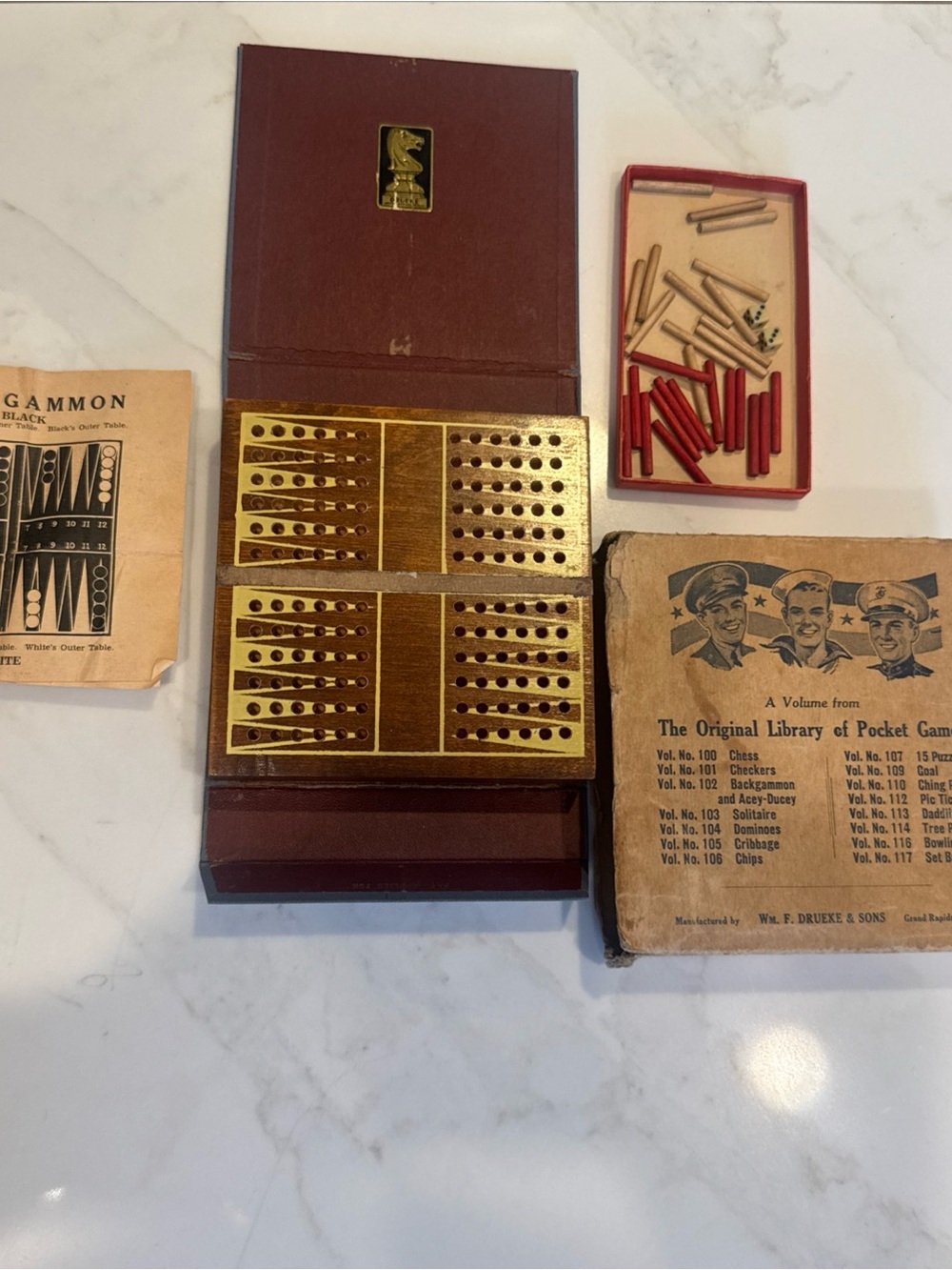 Vintage Travel Backgammon Mini Game Set WW2 Era Wm. Drueke & Sons Rare